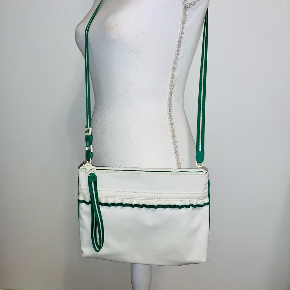 TORY BURCH SPORT crossbody bag white canvas green ruffles preppy purse RARE